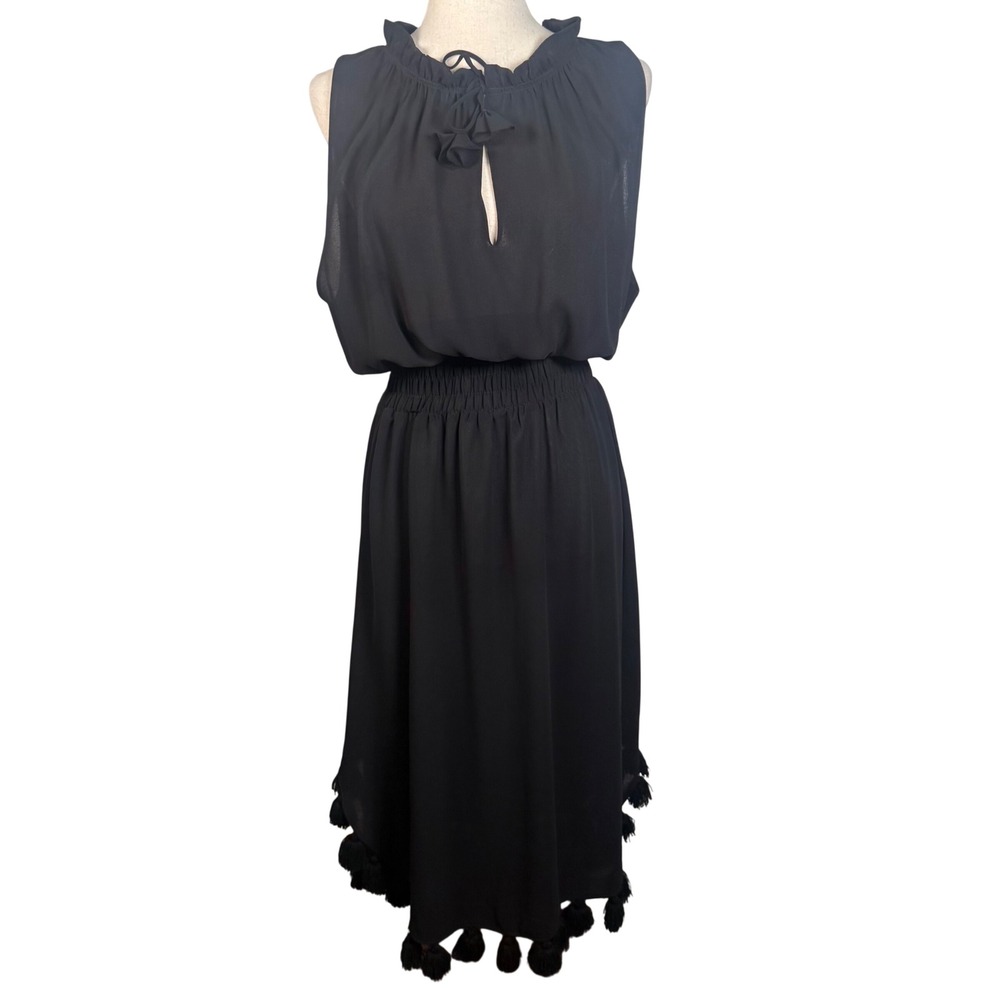 MISA Los Angeles Dress Midi Womens L Black Viscose Boho Tassel Smocked Resort
